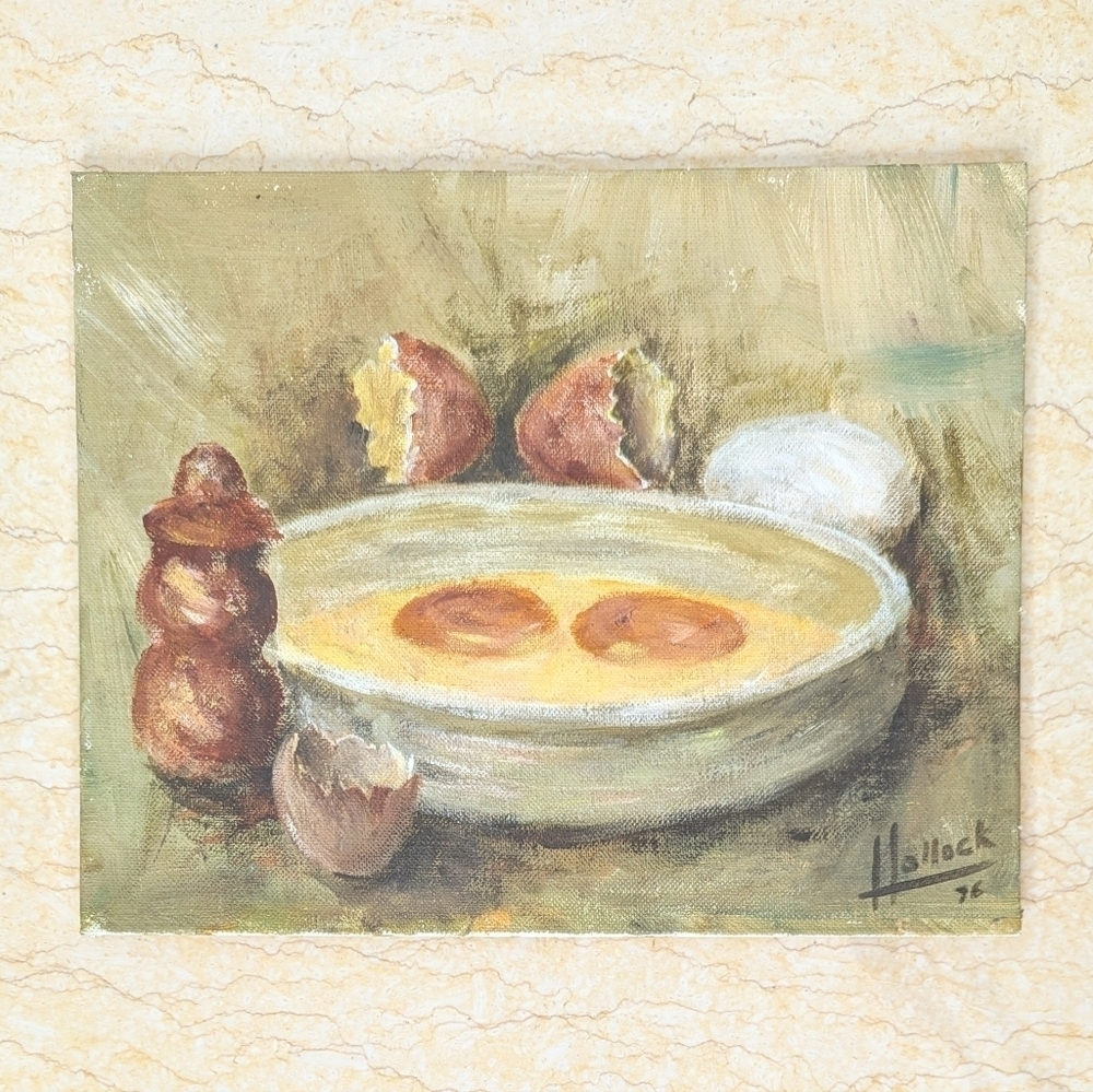Vintage Original Still Life Painting Acrylic On Board Cracked Eggs Signed 8x10